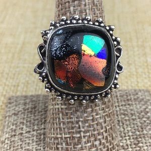 New Dichroic Acrylic Foil Silver Overlay Ring Size 8.5